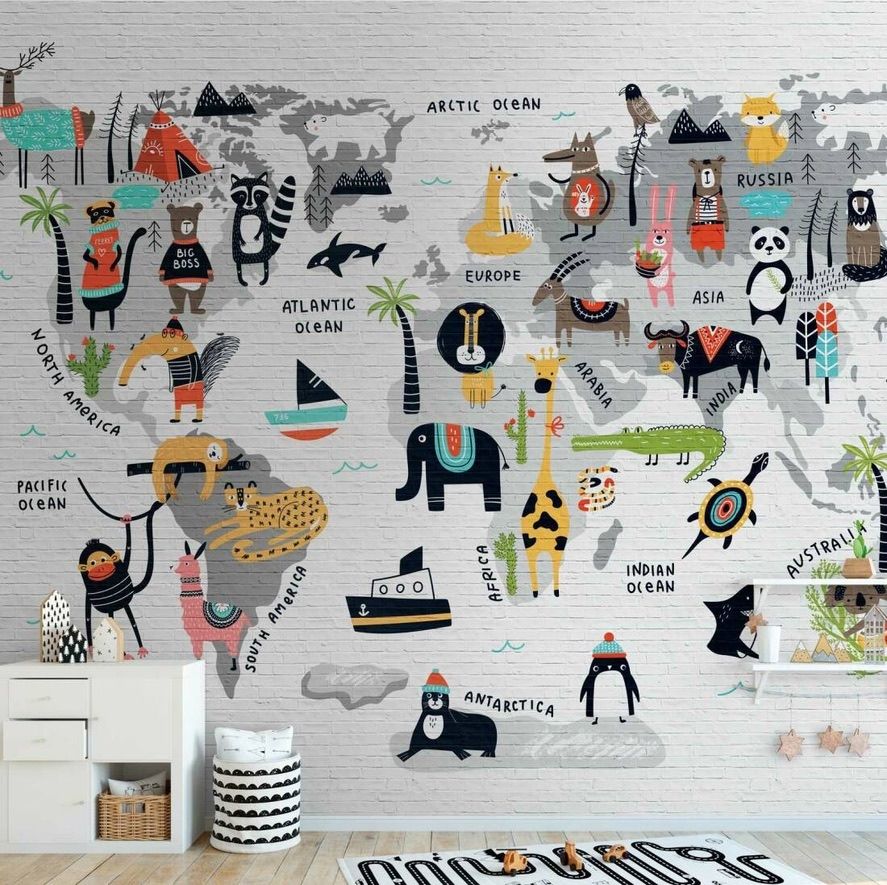 Animal World Map Mural
