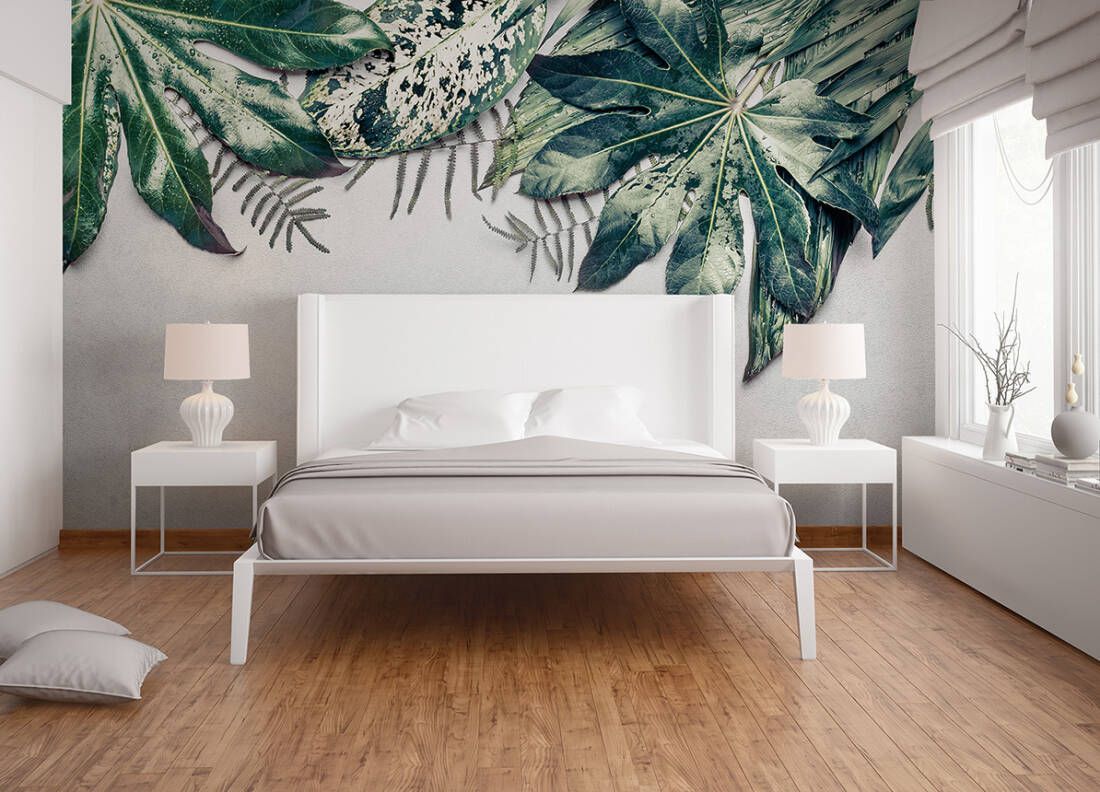 Tropical Leaves Mural - Grey