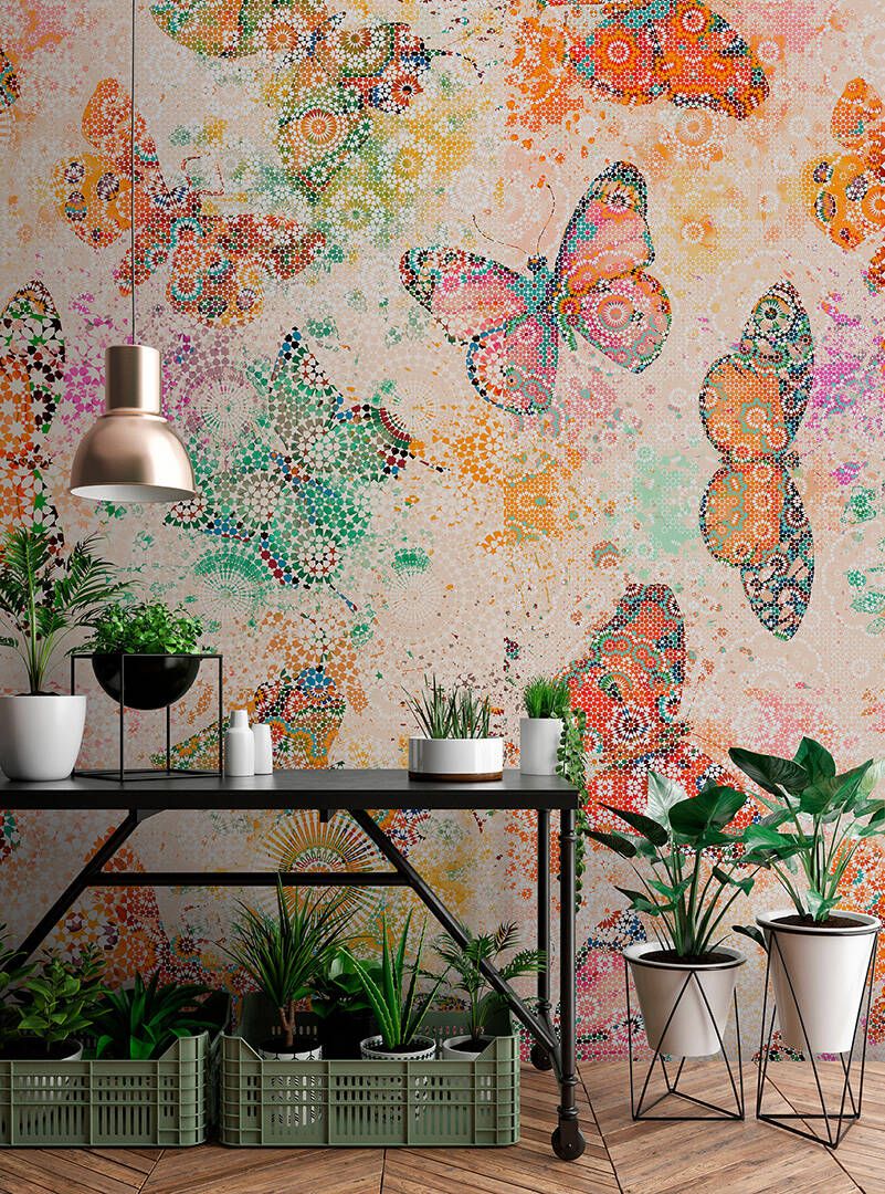 Mosaic Butterflies Mural - Coral