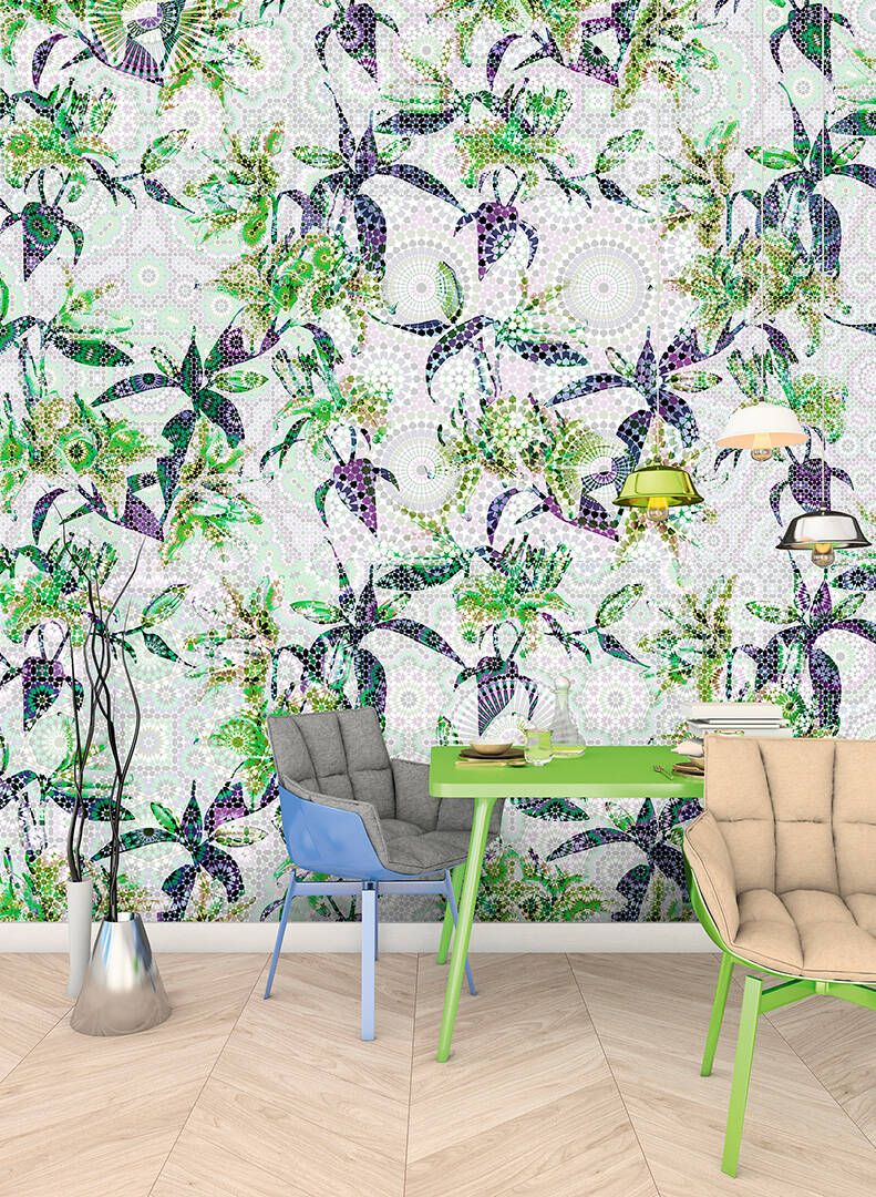 Mosaic Lillies Mural - Green