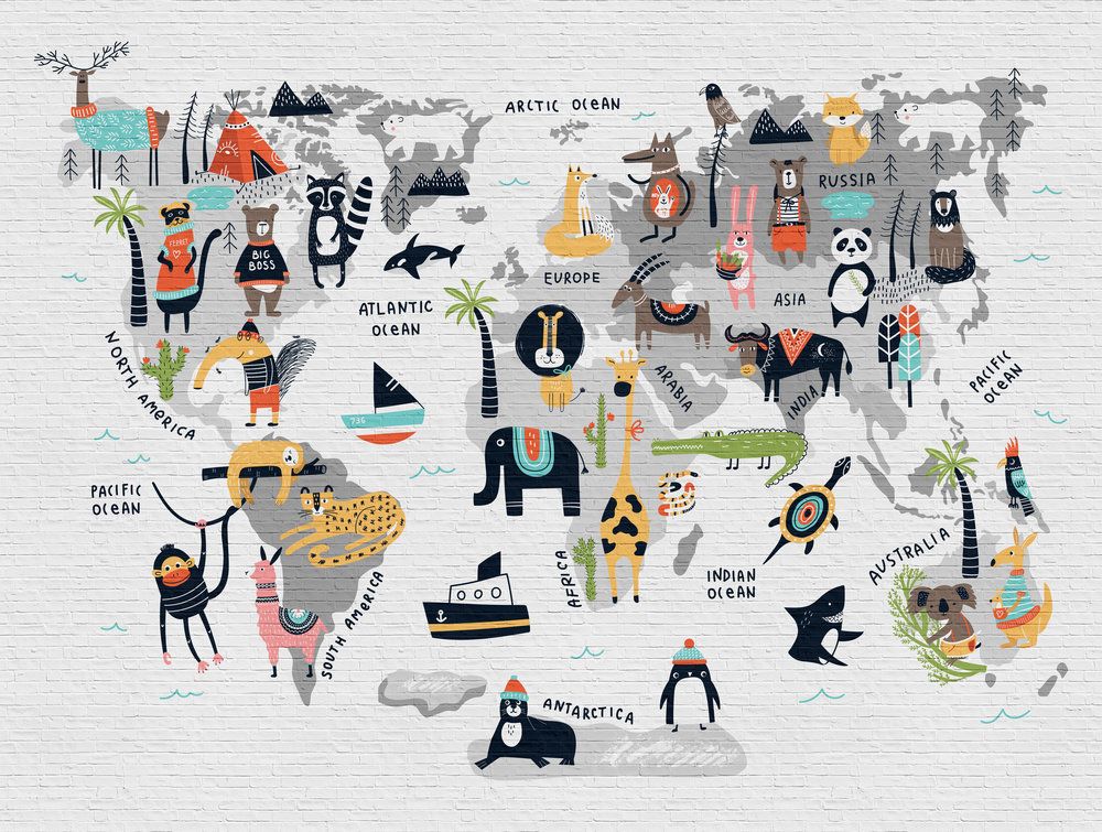 Animal World Map Mural