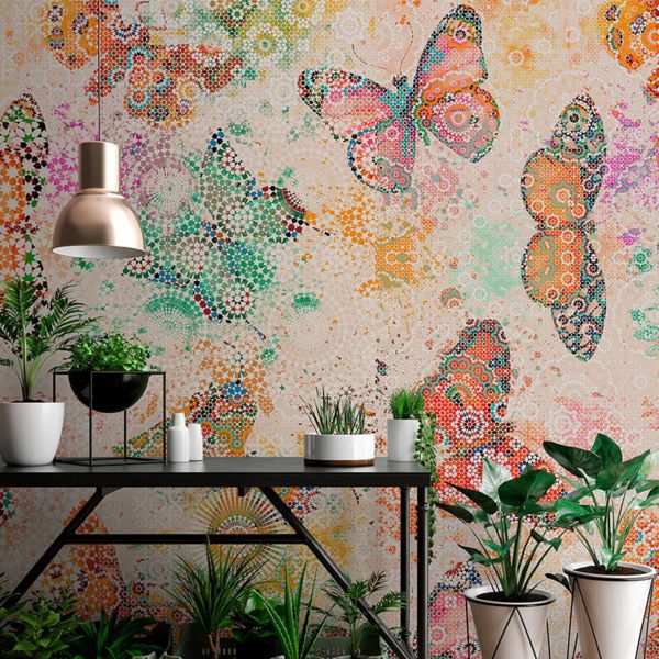 Mosaic Butterflies Mural - Coral